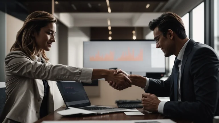 two business professionals shaking hands in agreement in front of a computer displaying graphs showing growth.
