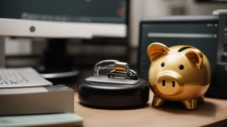 a lock securing a piggy bank on a desk beside a computer displaying graphs.