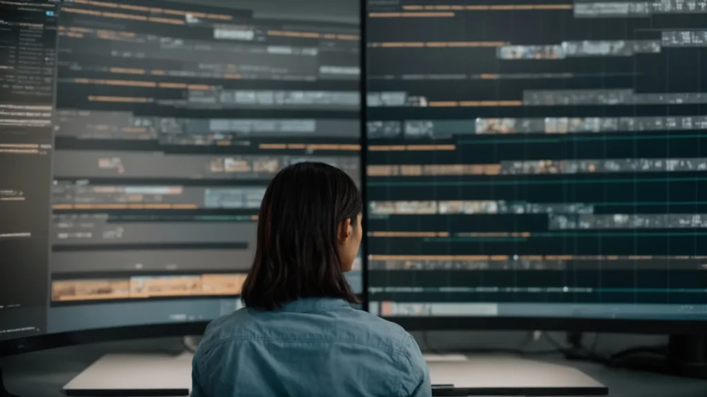 a person intently studies a computer screen displaying side-by-side comparisons of ai-generated and human-edited texts.