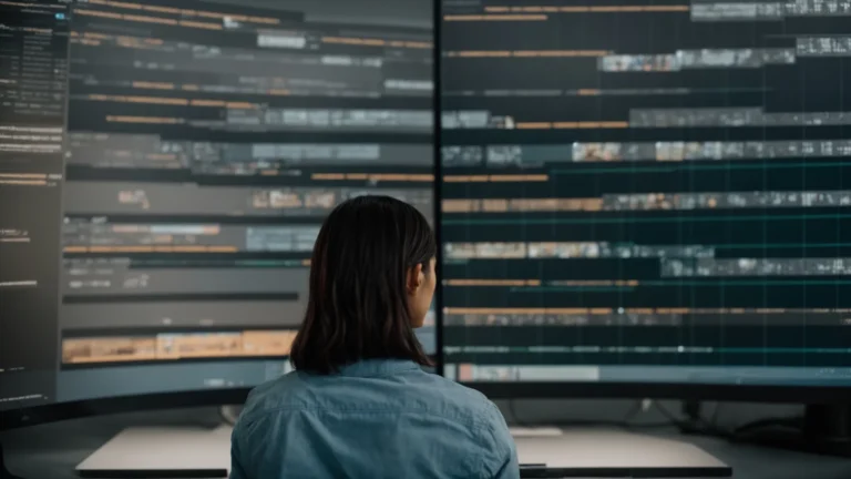 a person intently studies a computer screen displaying side-by-side comparisons of ai-generated and human-edited texts.