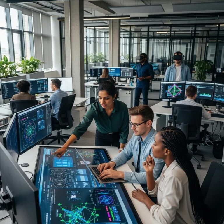 Modern office collaboration on artificial intelligence projects with diverse professionals