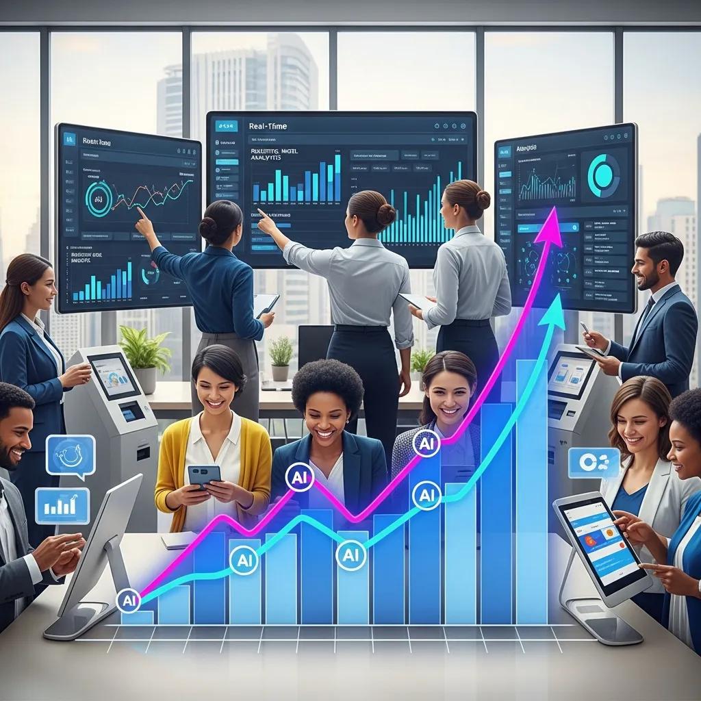 Visual representation of business benefits and ROI from AI solutions with growth indicators