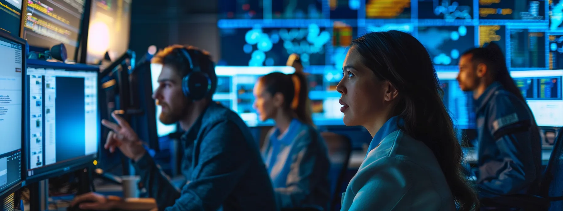 a group of professionals working together at computer stations, interacting with customers through various communication channels.