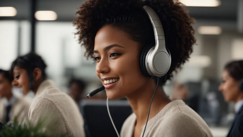 a woman wearing a headset smiles as she looks at a computer screen in a bright, modern office.