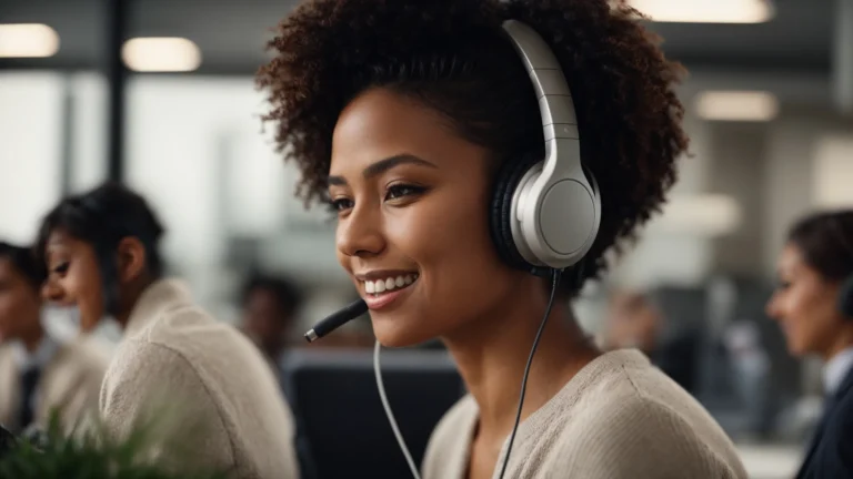 a woman wearing a headset smiles as she looks at a computer screen in a bright, modern office.
